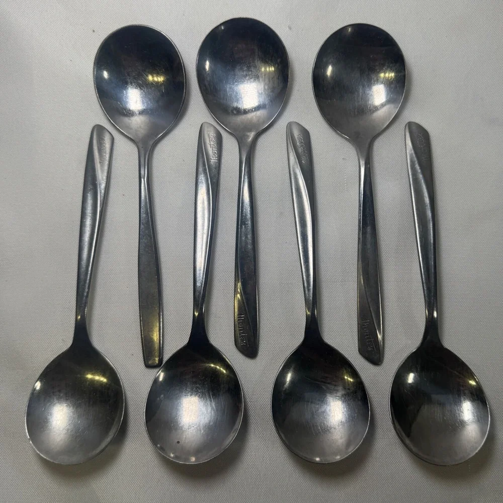 7 Vintage Insico Stainless USA Monte's Soup Spoons Round Bowl Restaurant Ware